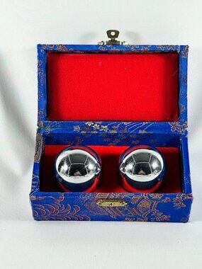 Chiming Balls, Chinese, Silver Tone Iron, In Original Decorative Case.